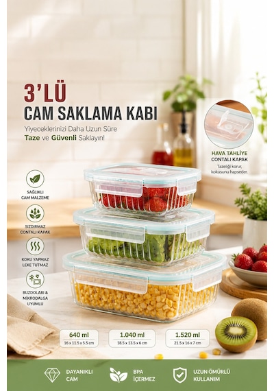 Porsima Sd-12-fgy Kilitli Sızdırmaz Kapaklı Hava Tahliye Contalı Çok Amaçlı 3 Lü Cam Erzak Yiyecek Saklama Kabı Seti - 1030-620-330ml Şeffaf
