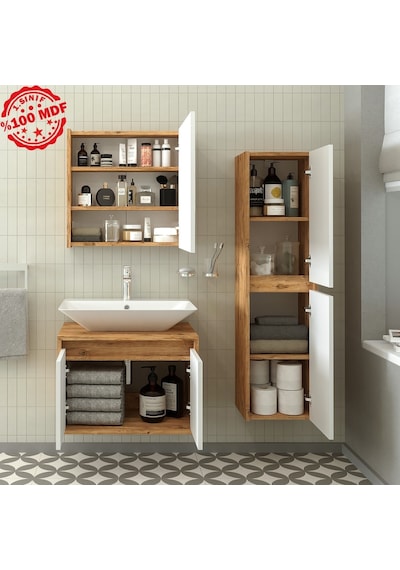 Banos Roomart Lavabolu Ahşap-Mat Beyaz Mdf 65 Cm Banyo Dolabı+A.. Beyaz