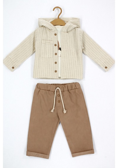 Babyhola Erkek Bebek Bayramlık Takım Roket Baskılı Kapüşonlu Üçlü Set 2217 Kahverengi