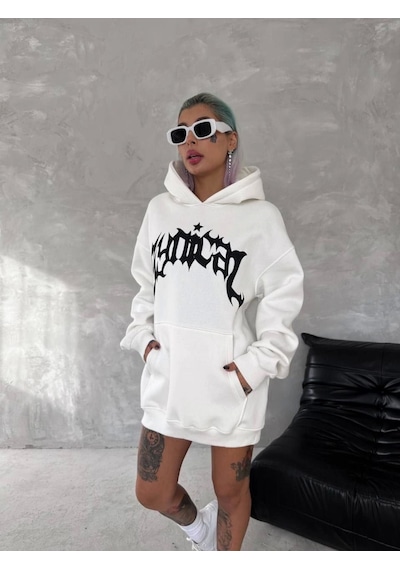 Yake Store Unisex Üç İplik Kapşonlu Baskılı Sweatshirt - Beyaz - Beyaz