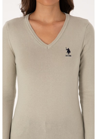 U.S. Polo Assn. Kadın Açık Haki  V Yaka Basic Kazak 50307712-VR183