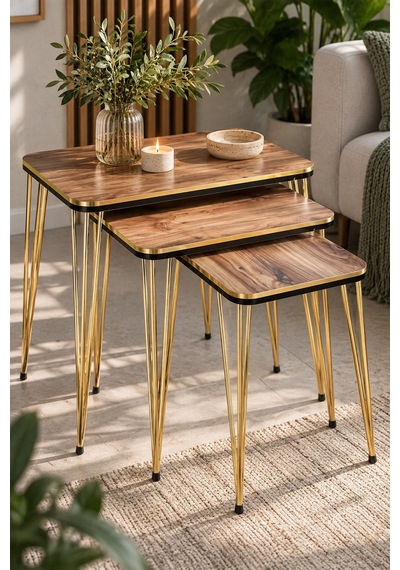 Sulorahome Ceviz Desenli Gold Metal Ayaklı Zigon Sehpa Seti Ceviz - Altın
