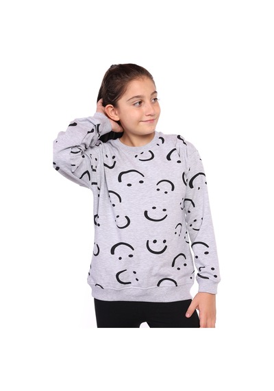 Toontoy Kız Çocuk Komple Gülen İfade Baskılı Sweatshirt Gri Melanj
