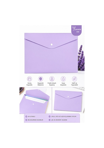 Çıtçıtlı Dosya Pastel Renkler A4 1 Adet Dosy Plastik Renkli Zarf Dosya Çıt Çıtlı Dosya Ödev Evrak Belge Saklama Dosyası Lila