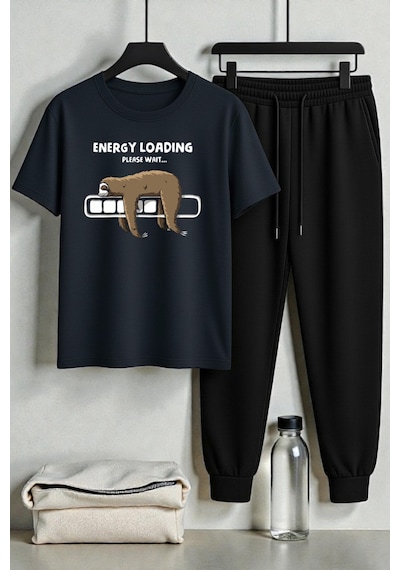 Uyguntarz Unisex Energy Loading Tasarım Baskılı Tişört - 2'li Eşofman Takımı Lacivert