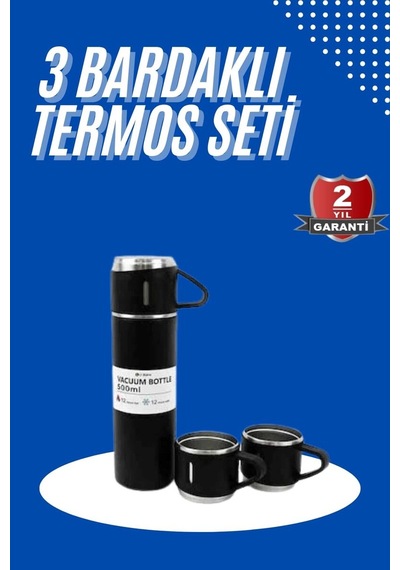 Northcity Termos Seti 3'lü Bardak Seti - Isı Dayanıklı Siyah Paslanmaz Çelik Vakumlu