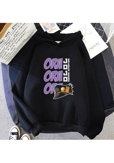 Anime Jojo Ora Ora Ora Kapşonlu Sweatshirt Siyah
