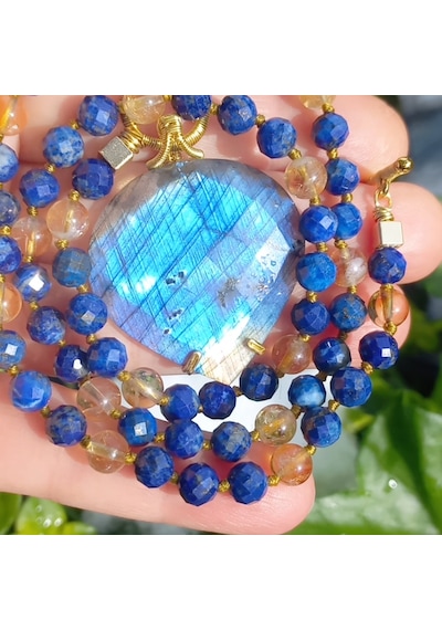 Sibelce 2168 Labradorit Lapis Lazuli Sitrin El Yapımı Düğümlü Kolye Çok REnkli