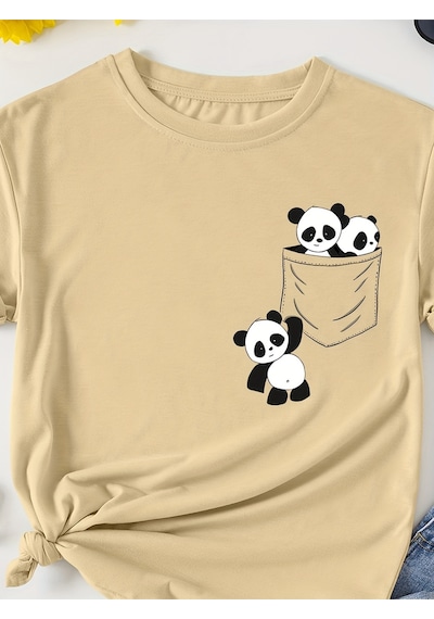 Uyguntarz Unisex Cep Panda Baskılı Tasarım Tshirt Bej