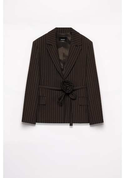 Kadın Acı Kahve Çizgili Gül Detaylı Blazer Acı Kahve