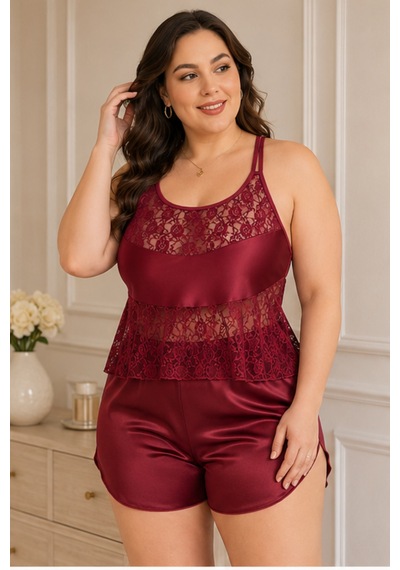 Loule Büyük Beden Bordo Dantel Etek Uçlu Şortlu Pijama Takımı