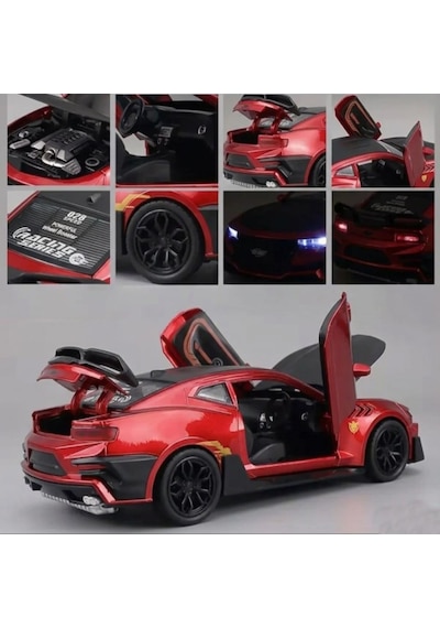 Işıklı Sesli Pilli 1:24 Ölçekli Metal Chevrolet Camaro Kapısı Kaputu Ve Bagajı Açılan Model Araba Kırmızı