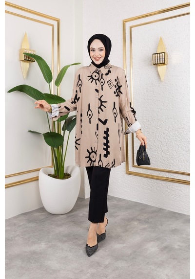 Hira Life Fashion Kadın Tesettür Giyim Ve Spor Giyime Uygun Düğme Detaylı Şık Desenli Dokuma Viskon Gömlek-tunik Bej Bej Hira Life Fashion Kadın Tesettür Giyim Ve Spor Giyime Uygun Düğme Detaylı Şık Desenli Dokuma Viskon Gömlek-tunik Bej Bej