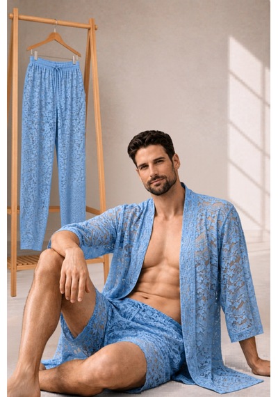 Qmen Style Erkek Güpür Dantel Kimono Takımı 3 Lü Dantel Set Bornoz + Pantolon + Şort Mavi