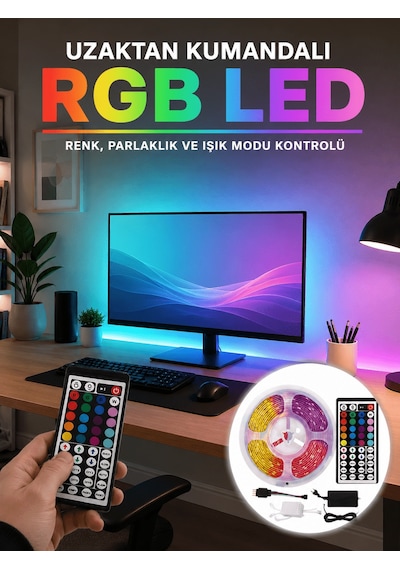 Uzaktan Kumandalı Rgb Şerit Led 5 Metre 12v 5050 Smd Çok Renkli Dekoratif Işık Seti Adaptor Sec-Kumanda-Metraj Seç Yok-Kumanda-Yok