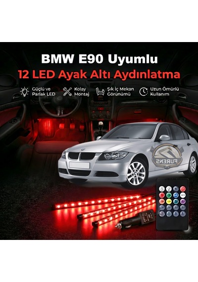 Bmw E90 Uyumlu Rgb Ayak Altı Led 12 Led Kumandalı Müzik Duyarlı Araç İçi Aydınlatma 7 Renk 12v 1