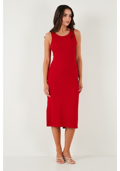 Lela Fitilli Slim Fit Bisiklet Yaka Yırtmaçlı Midi Boy Bayan Elbise 5866101 Kırmızı