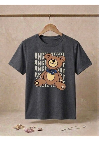 Unisex Ayıcık Baskılı Kompakt T-shirt Gri