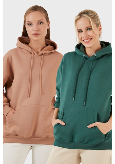 Lela Regular Fit Pamuklu Kapüşonlu Yaka Şardonlu Kışlık 2'Li Paket Bayan Sweat 5863854S2 Nefti-Bisküvi