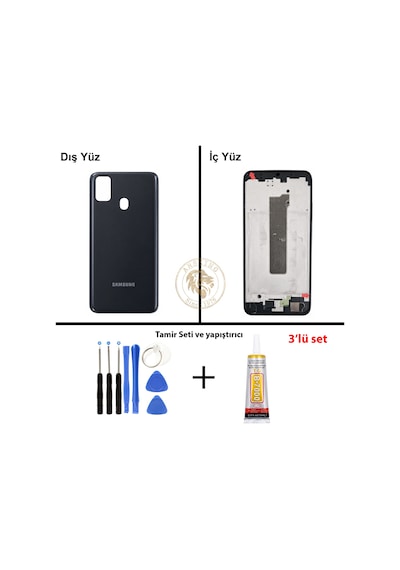 Samsung Galaxy M30s Siyah Renk Dolu Kasa + Tamir Seti + B7000 Yapıştırıcı Orta Kasa Gövde Full Kasa Kapak Middle Frame Housing Galaxy M30s Uyumlu 48745331