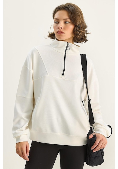 Shade Kadın Dik Yaka Yarım Fermuarlı Cep Detaylı Oversize Modal Sweatshirt 60601053 - Ekru