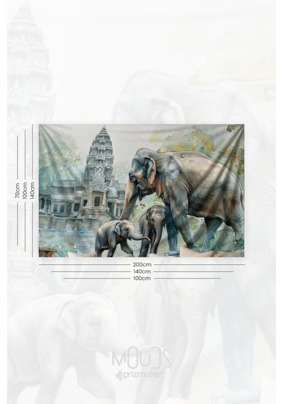 Fil Ailesi Ve Tapınak Desenli Duvar Halısı Duvar Örtüsü Tapestry Süet Dokulu Kumaş