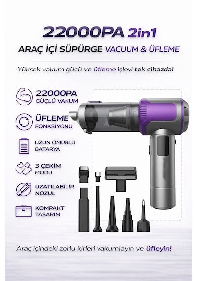 22000pa 2in1 Araç İçi Süpürge Üfleme Fonksiyonlu 15.000mah Şarjlı Kablosuz Mini Vakum