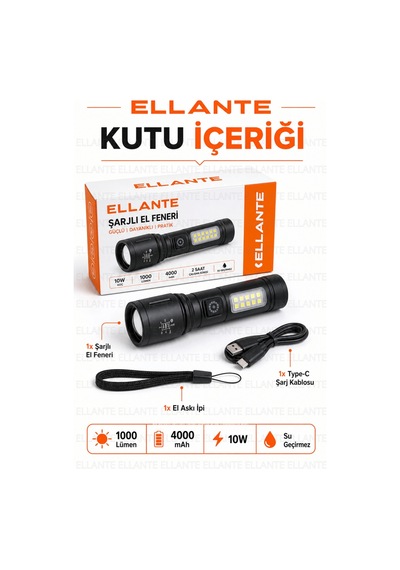Şarjlı El Feneri 1000 Lümen 4000 Mah Bataryalı Type-c Şarjlı Yan Led Kamp Tamir Acil Durum Feneri Pd Çok Renkli