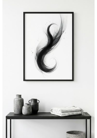 Doğal Ahşap Çerçeveli Soyut Siyah Desenli Tablo - Minimal Huhu1203
