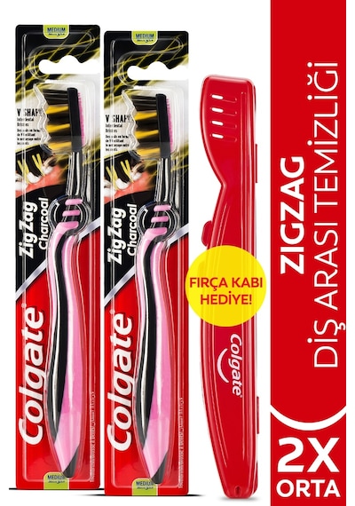 Colgate Zigzag Charcoal Diş Arası Temizliği Orta Diş Fırçası 2'li + Diş Fırçası Kabı