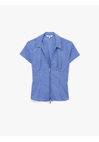 Koton Slim Fit Bel Vurgulu Fermuar Detaylı Pötikareli Poplin Gömlek Mavi Ekose 6sak60419pw