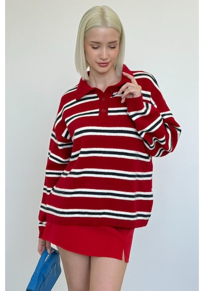 Madmext Kırmızı Polo Yaka Çizgili Kadın Triko Kazak Mg2469 Kırmızı