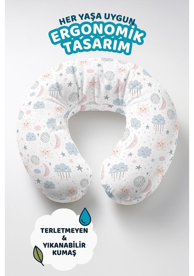 Sevimli Bulut Yıldız Ay Desenli Pamuklu Boyun Yastığı - Pastel Pembe Gri Seyahat Yastığı Açık Göl Kiremit Kırmızısı
