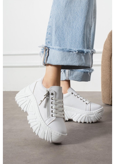 Shoetek Bozhena Kadın Sneakers Bağcıklı Dolgu Tabanlı Spor Ayakkabı Beyaz Deri Beyaz