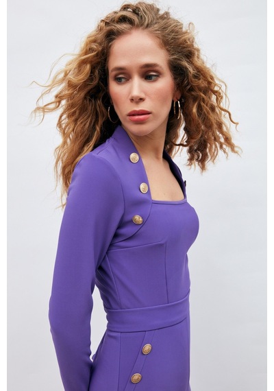 Sateen Düğme Detaylı Bluz - Mor