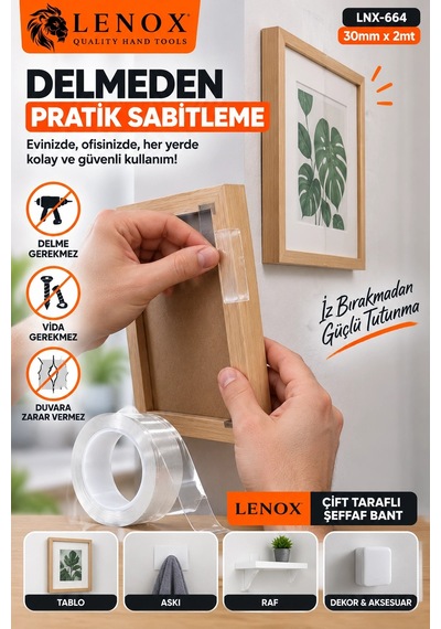 Lenox Çift Taraflı Şeffaf Bant 30 Mm X 2 Metre Güçlü Tutunma Çok Amaçlı Sabitleme Bandı