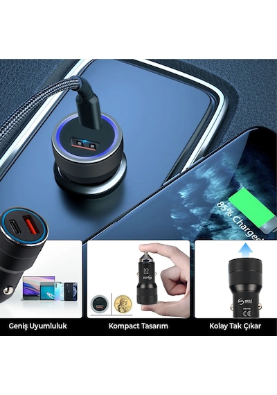 Usb Type C Araç Şarj Cihazı Siyah Renk- 2 Port, Hızlı Şarj 30w Çakmaklık Adaptörü
