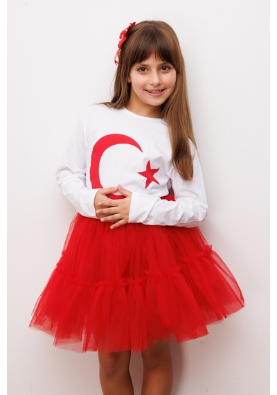 Le Mabelle Beyaz Ay Yıldız Baskılı Uzun Kollu Çocuk Tişört Beyaz