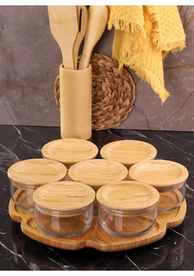 Bambum Duo 300ml 7'li Dönen Servisli Bambu Silikonlu Kapaklı Hava Aldırmaz Cam Kahvaltılık