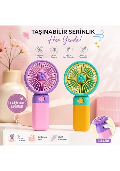 Talky Şarjlı Mini El Fanı Usb Taşınabilir Sessiz Masaüstü Vantilatör 3 Kademe Soğutucu Pervane Multicolor Karı