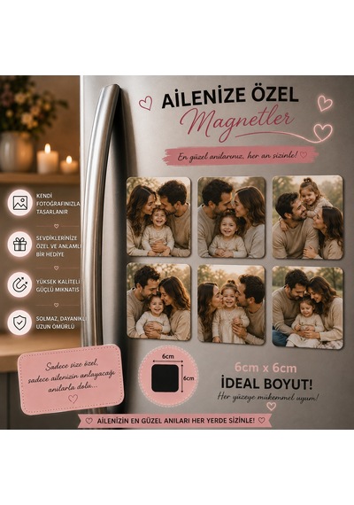 6'lı Kare Fotoğraf Magneti Aileye Kişiselleştirilebilir Anı Ve Hediye Seti