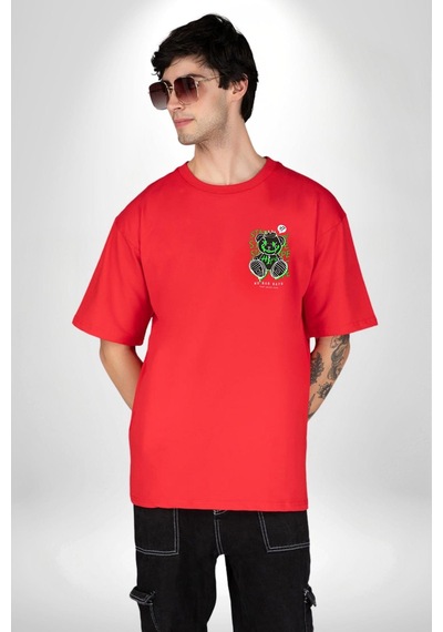 Artık Katlan Kırmızı Oversize Unisex Ön Ve Sırt Baskılı Tişört Kırmızı