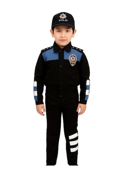 Single Sword Unisex Çocuk Polis Kıyafeti Şapka, Gömlek, Pantolon Takımı 6 Siyah