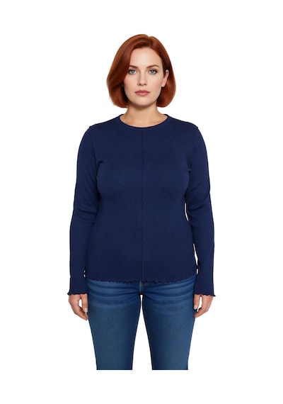 Ersefa Stil Kadın Fitilli Bluz Crop Örme Fitted Kalıp Büyük Beden Lacivert