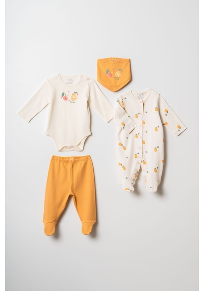 Hafy Baby 4 Parça, Meyve Desenli, Yenidoğan Kız Bebek Hastane Çıkışı Seti Ekru