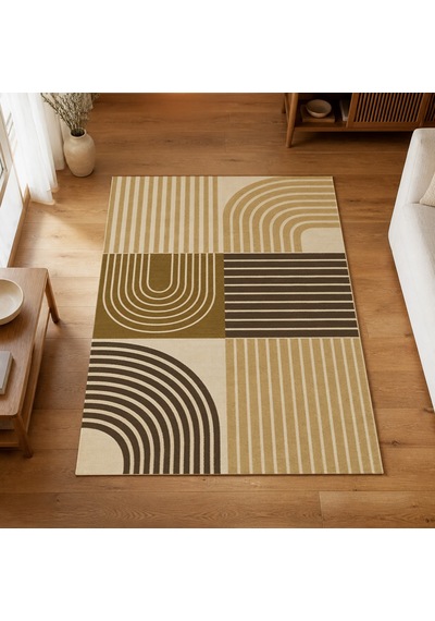 Kartela Halı Retro Çizgili Patchwork Halı Hardal Sarısı Kaymaz Taban Makinede Yıkanabilir 200x300 Cm
