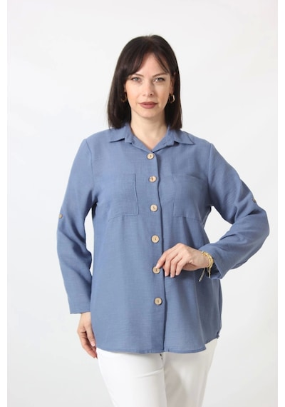 Moda Berray İb-077 İndigo Pamuk Keten Kolu Apoletli İki Cepli Kadın Büyük Beden Gömlek İndigo Moda Berray İb-077 İndigo Pamuk Keten Kolu Apoletli İki Cepli Kadın Büyük Beden Gömlek İndigo