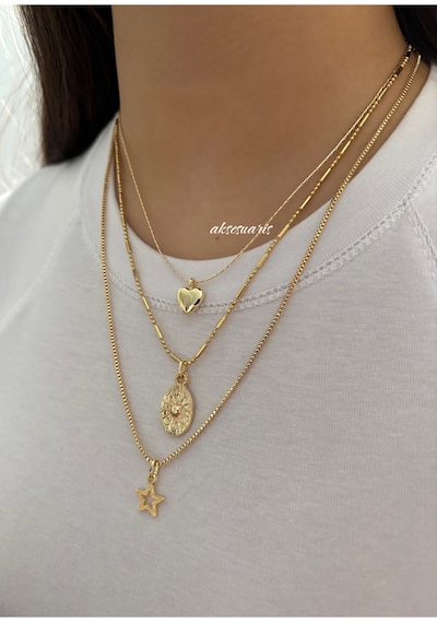 3'lü Desenli Zincirli Gold Kalp Yıldız Kadın Kolye Set Kombin Altın Altın