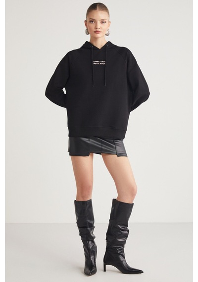Ethıquet Glace Kadın Ön Ve Arka Baskı Detaylı Kapüşonlu Regular Fit Normal Kalıp Siyah Sweatshirt