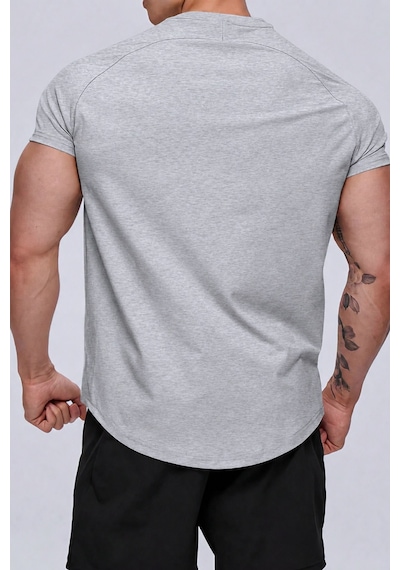 Genius Store Erkek Spor Tişört Running Sports Gym Reglan Oval Kesim Penye T-shirt Ovalt-shirt Gri Melanj